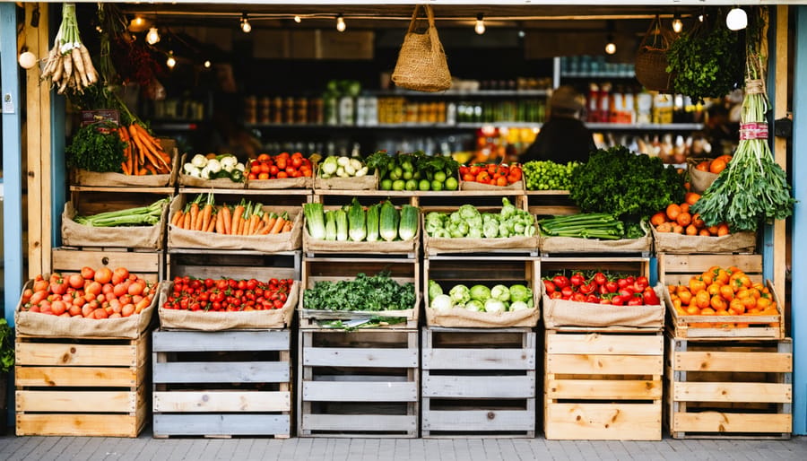 A farmers market stall piled with fresh fruits and vegetables